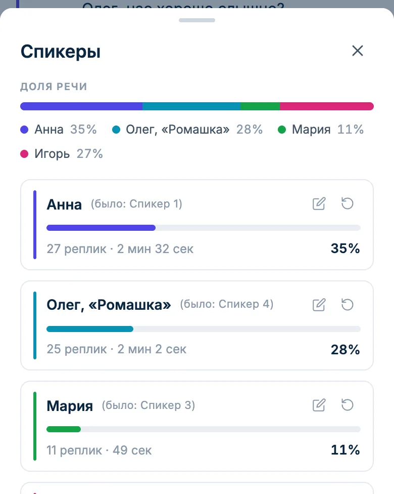 Панель спикеров: доля речи участников, имя спикера меняется в списке