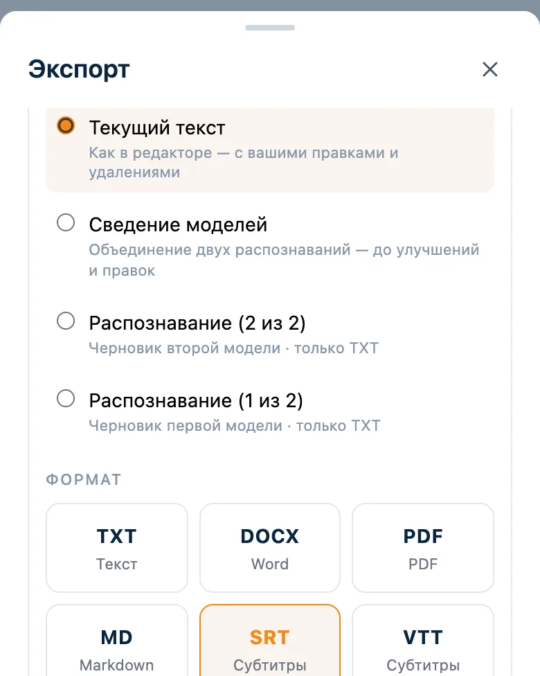 Окно экспорта расшифровки: выбран формат субтитров SRT
